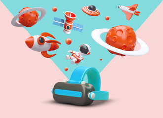 Bright world of virtual reality. VR glasses, space metaverse. 3D rocket, shuttle, astronaut, planet, satellite, UFO. Digital entertainment. Advertisement of gadgets. Poster for VR club