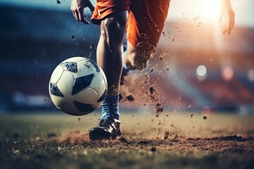 Close-up of a Leg in a Boot Kicking Football Ball, Professional Soccer Player Hits with Fierce Power, Scores Goal, Grass Flying, Football Championship Concept, Low Angle Ground Artistic Shot - obrazy, fototapety, plakaty