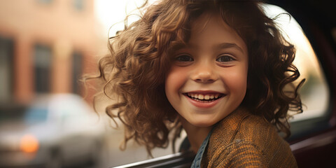 a little girl smiling mischievously out of a car window.generative ai