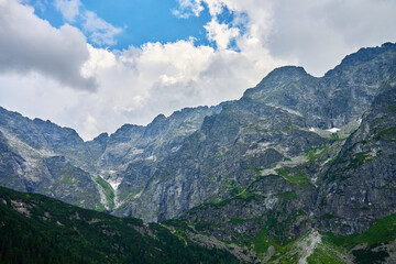 View on mountains peaks in Tatra National park. Rysy mountain ranges. Nature landscape. Famous touristic pace for hiking in Poland