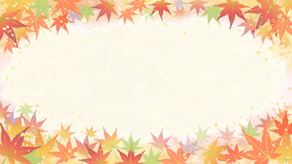 モミジが美しい秋の背景フレーム ラウンド型　16：9	