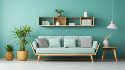 Light turquoise sofa and wooden shelving unit near teal wall. Scandinavian interior design generative ai