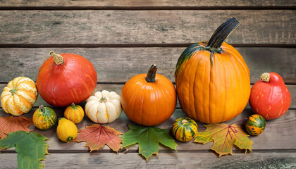 A colorful display of pumpkins, pumpkins and leaves sitting in a row on wooden background
