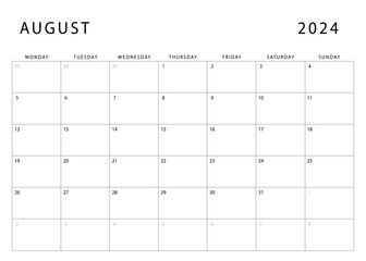 August 2024 calendar. Monday start. Monthly planner template. Vector design