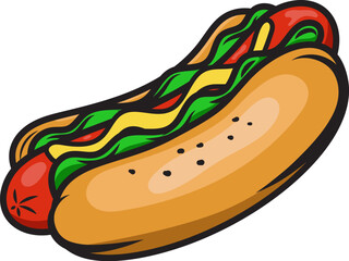 Illustration of hot dog in engraving style. Design element for poster, menu, sign. - 649147284