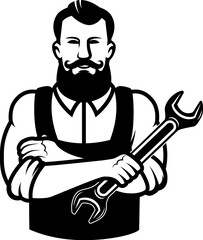Illustration of mechanic with wrench. Design element for emblem, sign, badge. Vector illustration