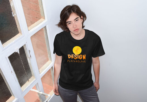 Mockup of woman wearing t-shirt with customizable color high angle, camera flash