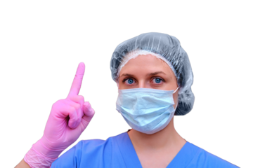 The doctor makes a warning gesture with his index finger up, isolated on a white background. Medical woman, close-up portrait.