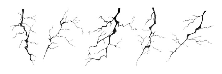 Lightning strike bolt silhouettes vector illustration set. Black thunderbolts and zippers are natural phenomena isolated on a white background. Thunderstorm electric effect of light and shining flash.