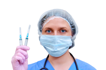 Woman doctor holds syringes in his hand, concept, isolated on a white background. Female nurse with syringes for injection against coronavirus