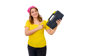Happy woman showing thumbs up with a box of tools in her hands, isolated on a white background