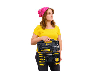 Woman builder shows a set of yellow construction tools, isolated on a white background