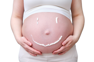 Cream in the form of a smile on the tummy of a pregnant woman, studio shot, isolated on a white background