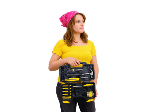 Woman builder shows a set of yellow construction tools, isolated on a white background