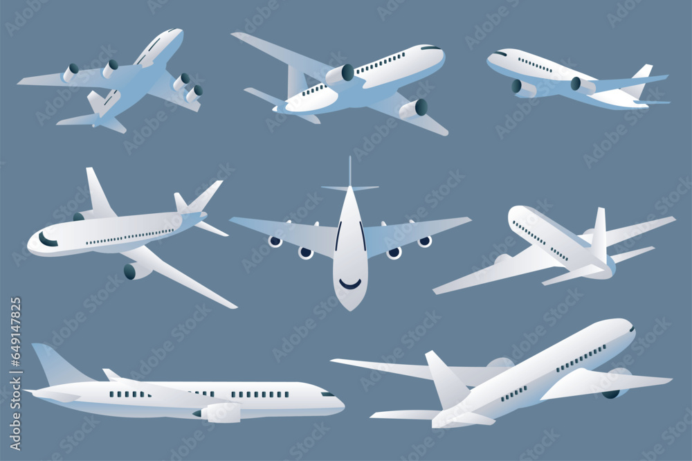Poster passenger aircraft mega set elements in flat design. bundle of flying planes with aviation turbine w