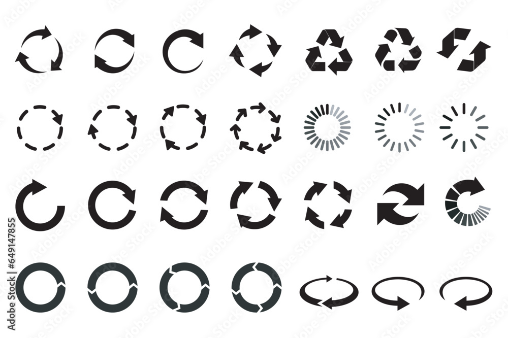 Poster Circular arrows mega set elements in flat design. Bundle of circle motion, refresh, repeat, loading, turning, rotation, reload, recycle and other symbols. Vector illustration isolated graphic objects