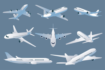 Passenger aircraft mega set elements in flat design. Bundle of flying planes with aviation turbine wings, airplanes in front, takeoff or landing views. Vector illustration isolated graphic objects - obrazy, fototapety, plakaty
