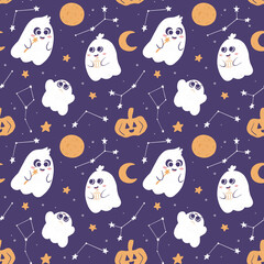 Seamless pattern with ghosts, Halloween design with a family of ghosts, stars, moon and pumpkins, ideal for children's textiles, clothing, stationery, backpacks, packaging