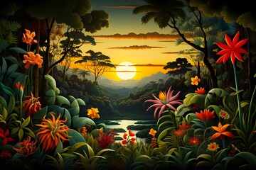 Fototapeta na wymiar Impressionist Style Image of the Amazon Rainforest at Sunrise