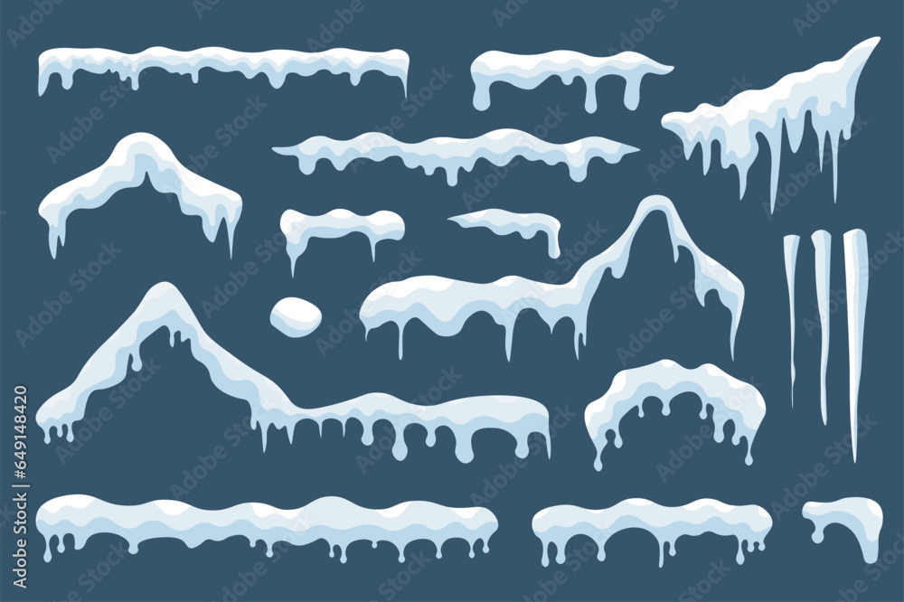 Poster snow ice caps mega set elements in flat design. bundle of snowy ice and snowcaps with frozen icicles