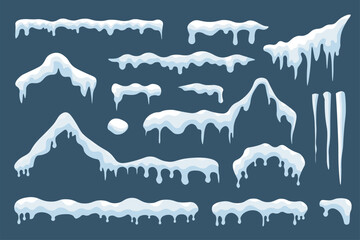 Snow ice caps mega set elements in flat design. Bundle of snowy ice and snowcaps with frozen icicles on house roof shapes, freeze borders with drip effect. Vector illustration isolated graphic objects © alexdndz