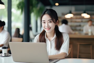 Portrait of Happy Asian Female Student Learning Online in Coffee Shop, Young Woman Studies with Laptop in Cafe, Doing Homework