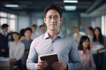 Portrait of Happy Asian Male Teacher with a Book in School, Young Man Tutor Smiling and Looking at the Camera