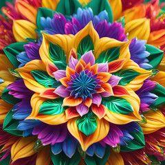 A kaleidoscopic garden where exotic flowers bloom in every shade of the rainbow under a swirling emerald sky.