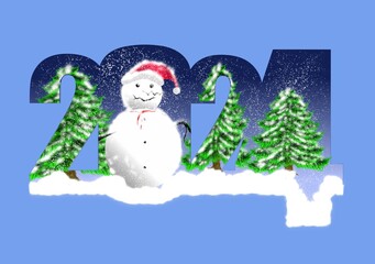 2024 new year greeting card with snowman and fir
