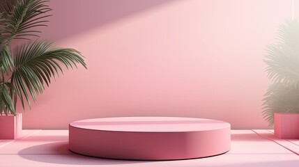 Obraz premium luxury baby pink podium mockup for product with leaf AI Generative