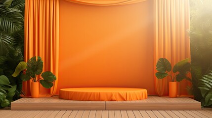 luxury orange podium mockup for product with leaf AI Generative