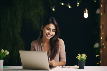 Cheerful Business Woman Working from Home on Laptop Computer