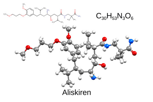 Chemical formula, structural formula and 3D ball-and-stick model of aliskiren, a direct renin inhibitor