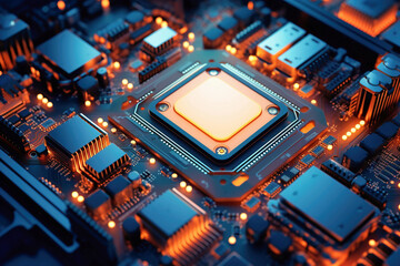 Fototapeta premium A powerful computer processor or chip on a motherboard. Modern technologies. Blue background.