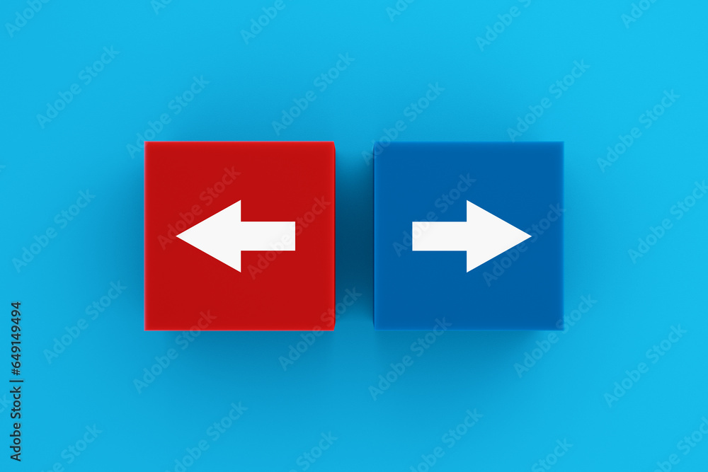 Poster decision making and alternative choices concept. arrows pointing opposite directions on colorful blo