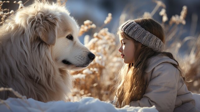 girl sitting and white golden retriever looking at each other in snow surrounded by grass, woodland, realistic photo