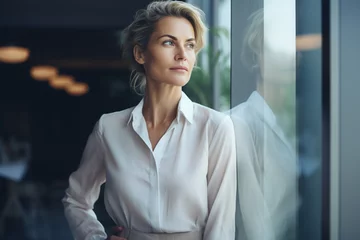 Foto op Plexiglas Caucasian businesswoman standing in office and looking out of window, Mature woman looking away © alisaaa