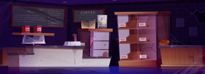 Abandoned cafe with dusty furniture and broken glass. Vector cartoon illustration of bankrupt coffee shop interior, stale bread, mouse on shelf, dirty counter, spider web on walls, damaged menu board