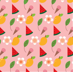 Summer seamless pattern with ice-cream, flower, leaf, watermelon, mango