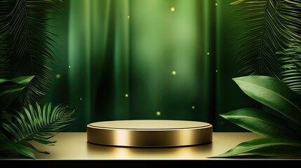 luxury green gold podium mockup for product with leaf AI Generative