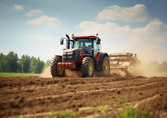 Fototapeta premium Summer day with tractor plowing soil and getting ready to start new agricultural season.Macro.AI Generative