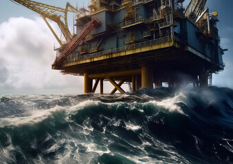 Oil and gas platform at sea with waves.Drilling industrial rig with high skill workers.AI Generative