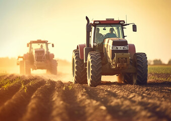 Tractors plowing soil and getting ready to start new agricultural season for wheat harvest in future.Macro.AI Generative
