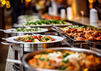 Fototapeta premium Hotel breakfast,lunch and dinner buffet with various hot and cold appetizers and snacks prepared by catering for various events.Macro.AI Generative