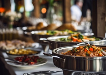 Various cold and hot food catering buffet for various events,weddings and other hotel guests.Macro.AI Generative