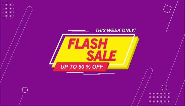 Purple Mega flash sale promotion banner design with dynamic fast effect. 