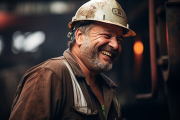 Candid portrait of factory worker laughing - obrazy, fototapety, plakaty