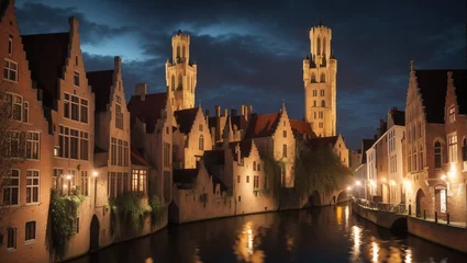 Papier Peint photo Pont Charles Medieval buildings in Bruges, Belgium old town Brugge illuminated at night.