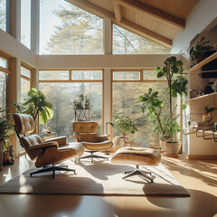 Fototapeta premium Modern nordic interior, very luxurious with sunlight coming in through the windows