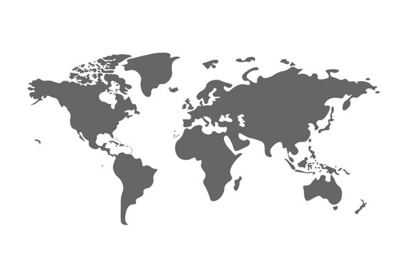World map black and white color vector illustration. World map template with continents, North and South America, Europe and Asia, Africa and Australia